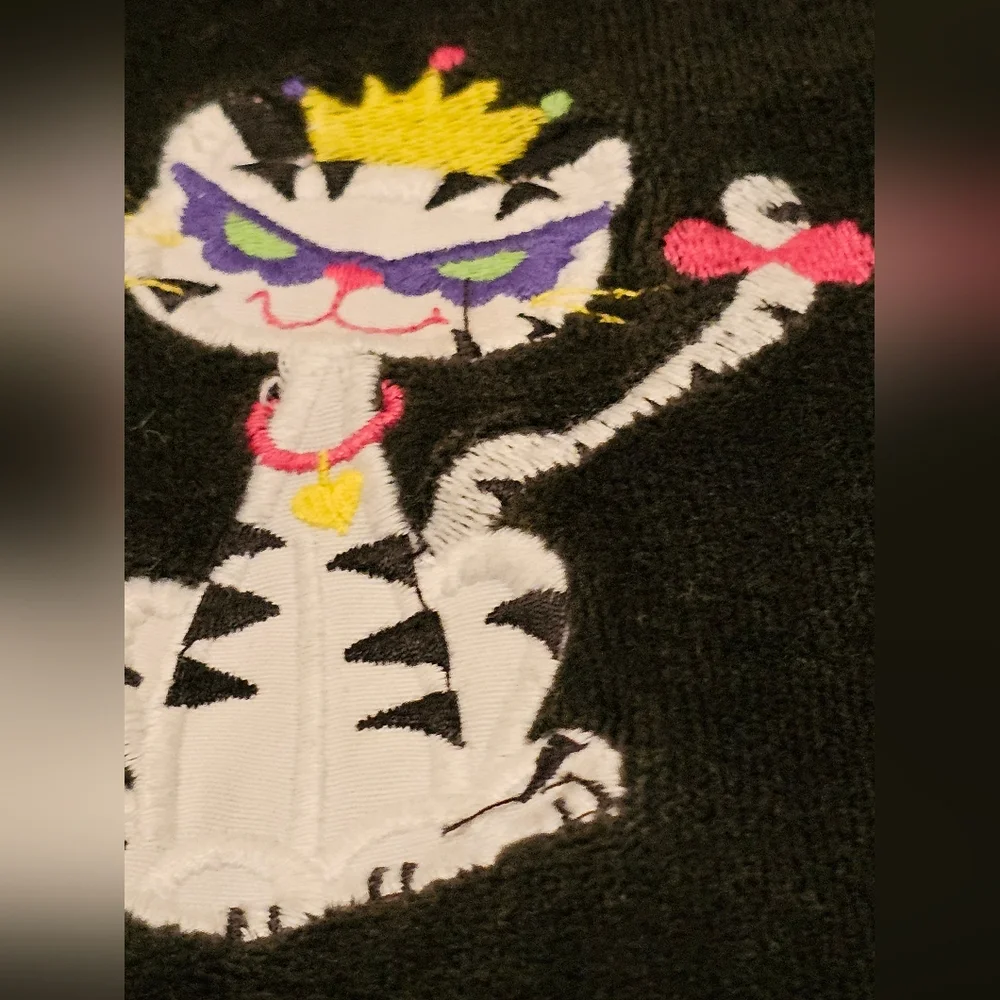 90s Fancy Embroidered‎ Kitties Girls A-Line Dress Velour Black Sz S USA Made Vtg